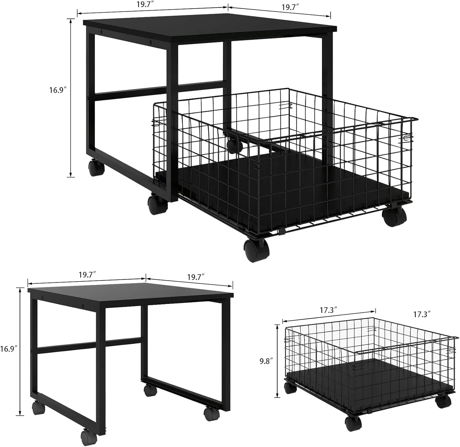 PUNCIA 19.7x19.7in Mobile Mini Fridge Stand with Large Capacity Storage Beverage Refrigerator Table with Wheels Rolling Compact Fridge Cart Heavy Duty Appliance Platform with Basket for Home Office