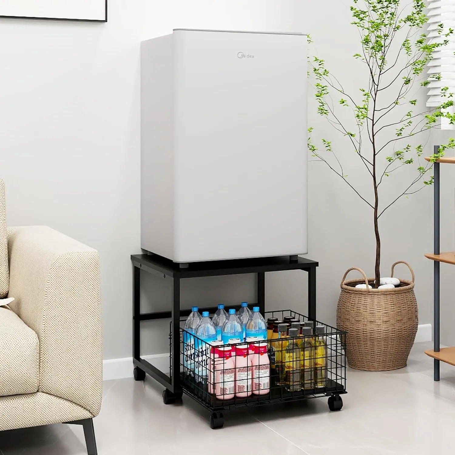 PUNCIA 19.7x19.7in Mobile Mini Fridge Stand with Large Capacity Storage Beverage Refrigerator Table with Wheels Rolling Compact Fridge Cart Heavy Duty Appliance Platform with Basket for Home Office