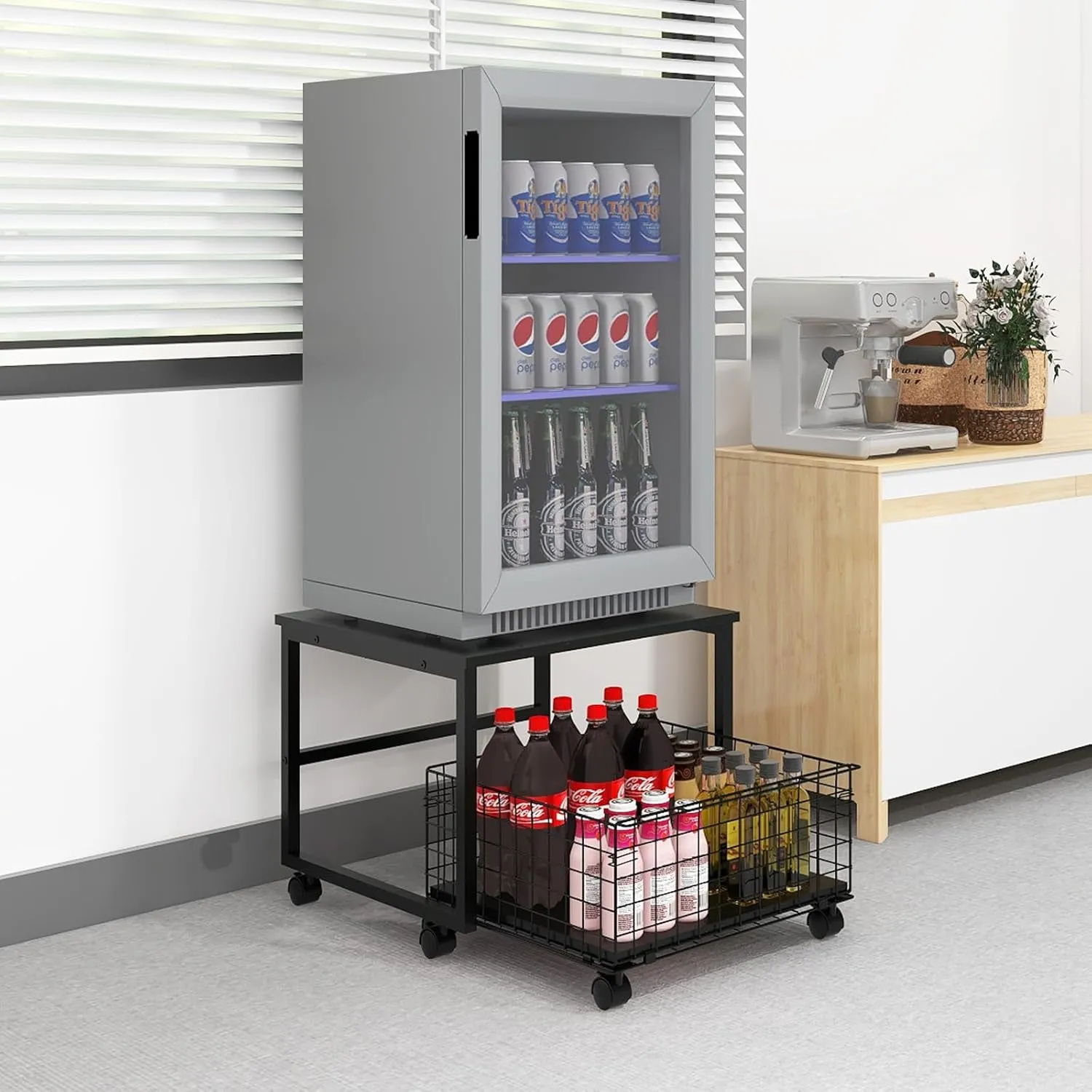 PUNCIA 19.7x19.7in Mobile Mini Fridge Stand with Large Capacity Storage Beverage Refrigerator Table with Wheels Rolling Compact Fridge Cart Heavy Duty Appliance Platform with Basket for Home Office