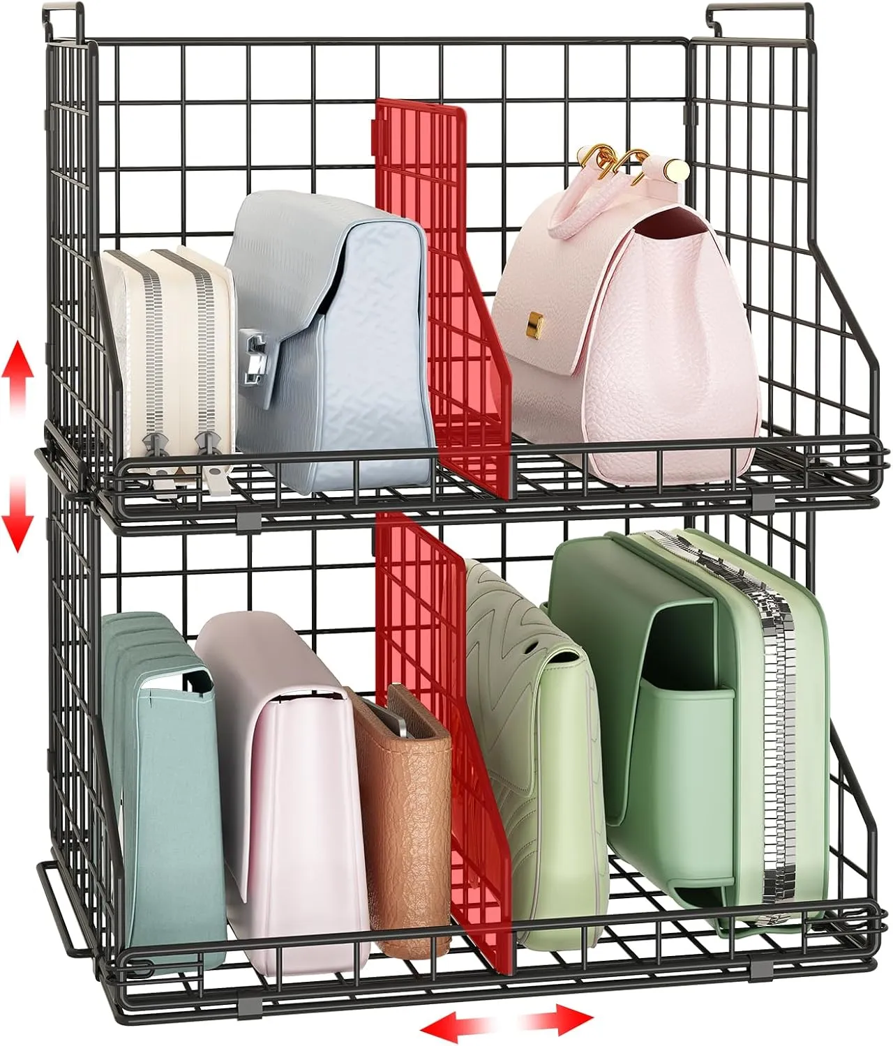 Purse Storage Organizer for Closet : Adjustable Dividers Handbag Organizer (2-Pack Small)- Stackable Wire Handbags Storage Baskets - Clutch Bags,Small Bags, Wallets