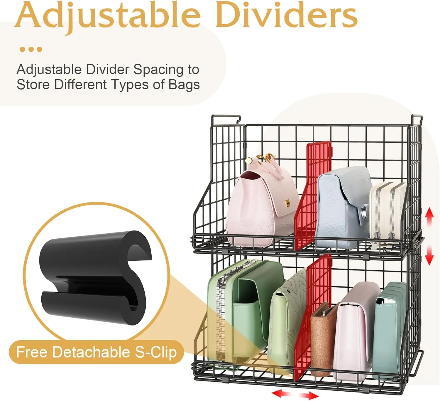 Purse Storage Organizer for Closet : Adjustable Dividers Handbag Organizer (2-Pack Small)- Stackable Wire Handbags Storage Baskets - Clutch Bags,Small Bags, Wallets