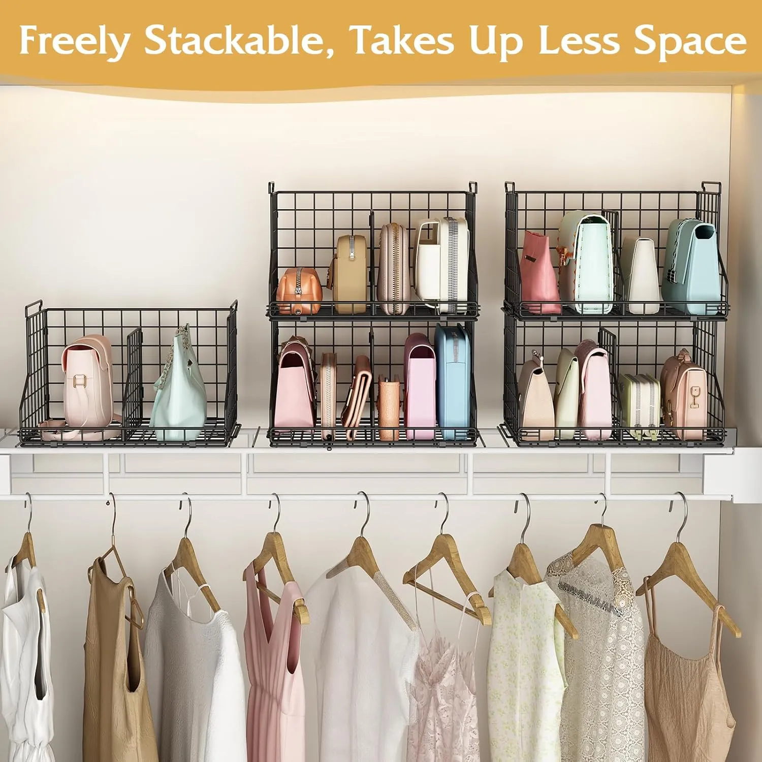 Purse Storage Organizer for Closet : Adjustable Dividers Handbag Organizer (2-Pack Small)- Stackable Wire Handbags Storage Baskets - Clutch Bags,Small Bags, Wallets