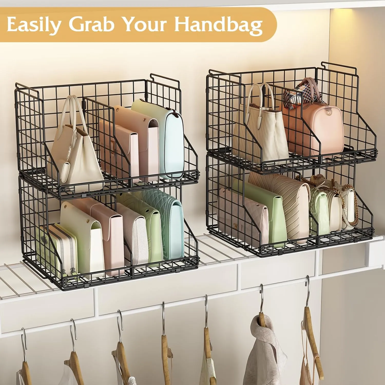 Purse Storage Organizer for Closet : Adjustable Dividers Handbag Organizer (2-Pack Small)- Stackable Wire Handbags Storage Baskets - Clutch Bags,Small Bags, Wallets