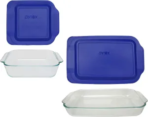 Pyrex Bundle - 4 Items: (1) 222 2qt Glass dish with (1) 222-PC 2qt Blue Lid & (1) 233 3qt Glass Dish with (1) 233-PC 3qt Blue Lid Made in the USA