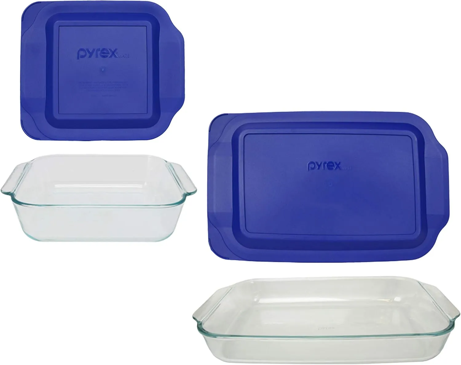Pyrex Bundle - 4 Items: (1) 222 2qt Glass dish with (1) 222-PC 2qt Blue Lid & (1) 233 3qt Glass Dish with (1) 233-PC 3qt Blue Lid Made in the USA