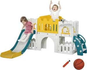 Qaba 8 in 1 Toddler Slide for Kids Age 1-3 Years, Indoor Kids Slide Playset with Basketball Hoop, Climber, Telescope, Tunnel, Steering Wheel, Aisle, Storage Baskets, Yellow