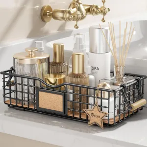 Qcold Bathroom Organizer Basket, Bathroom Organizers and Storage - Metal Wire Baskets - Bathroom Counter Organizer with Handles, Wire Countertop Baskets for Organizing, Farmhouse Decor - Black