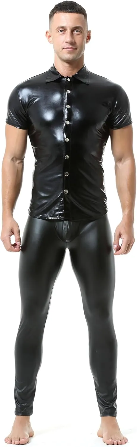 QiaTi Men's Faux Leather Undershirt Slim Fit Sleeveless Tank Top Nightclub Party Round Neck Shirts Muscle Top T-Shirts