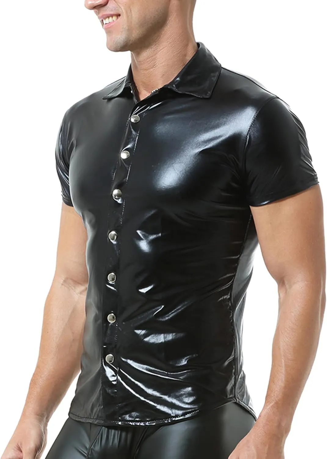 QiaTi Men's Faux Leather Undershirt Slim Fit Sleeveless Tank Top Nightclub Party Round Neck Shirts Muscle Top T-Shirts