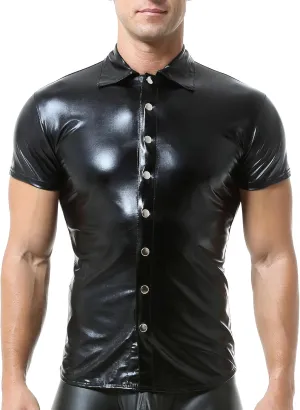 QiaTi Men's Faux Leather Undershirt Slim Fit Sleeveless Tank Top Nightclub Party Round Neck Shirts Muscle Top T-Shirts