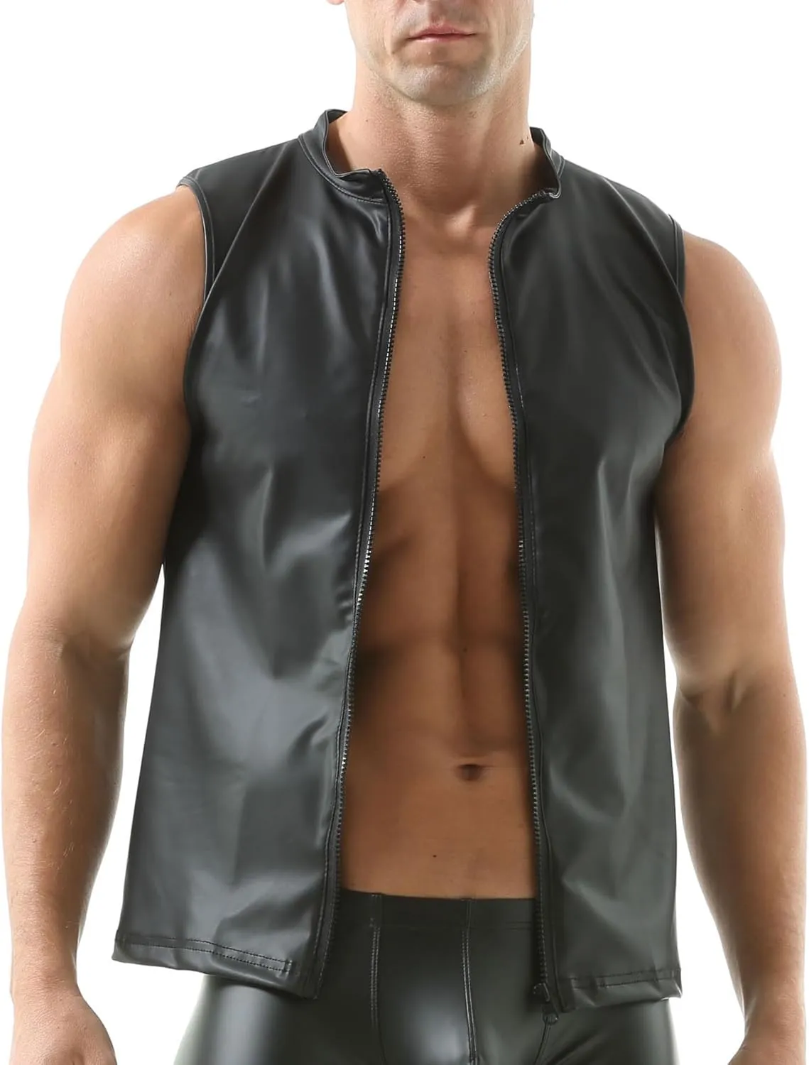 QiaTi Men's Faux Leather Vest Undershirt Mens Sleeveless Tank Top Zipper Stand Collar Shirt Muscle Waistcoats Fit Athletic