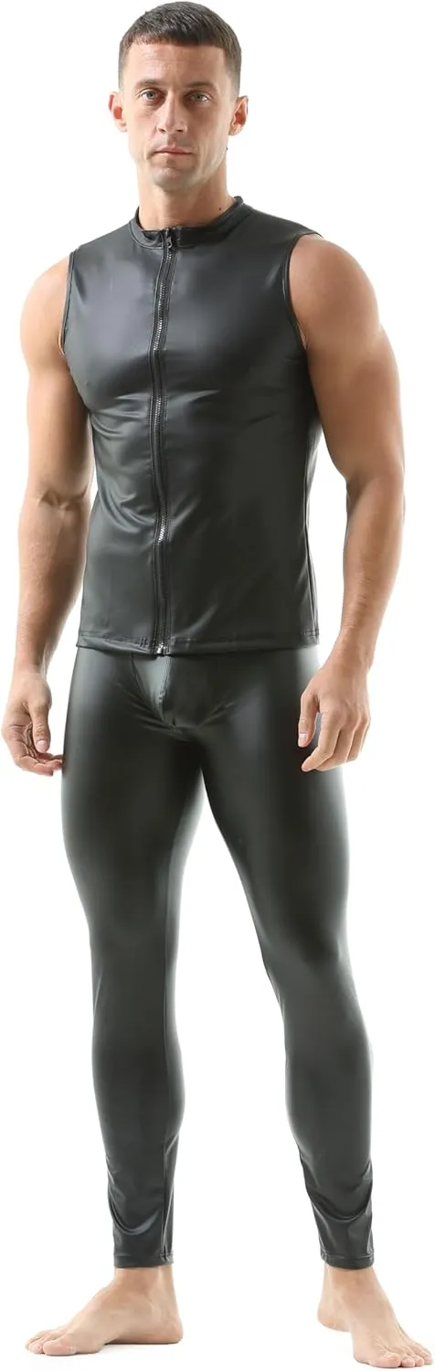 QiaTi Men's Faux Leather Vest Undershirt Mens Sleeveless Tank Top Zipper Stand Collar Shirt Muscle Waistcoats Fit Athletic