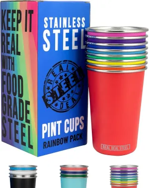 Rainbow Cups 16 oz Pint Cups, Stackable Tumblerrs, Eco Friendly Premium Metal Drinking Glasses
