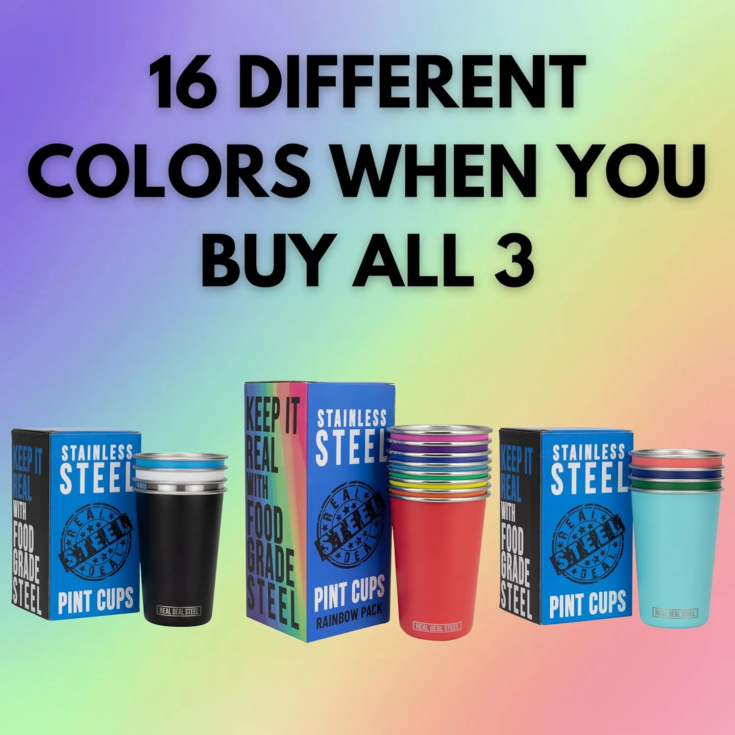 Rainbow Cups 16 oz Pint Cups, Stackable Tumblerrs, Eco Friendly Premium Metal Drinking Glasses