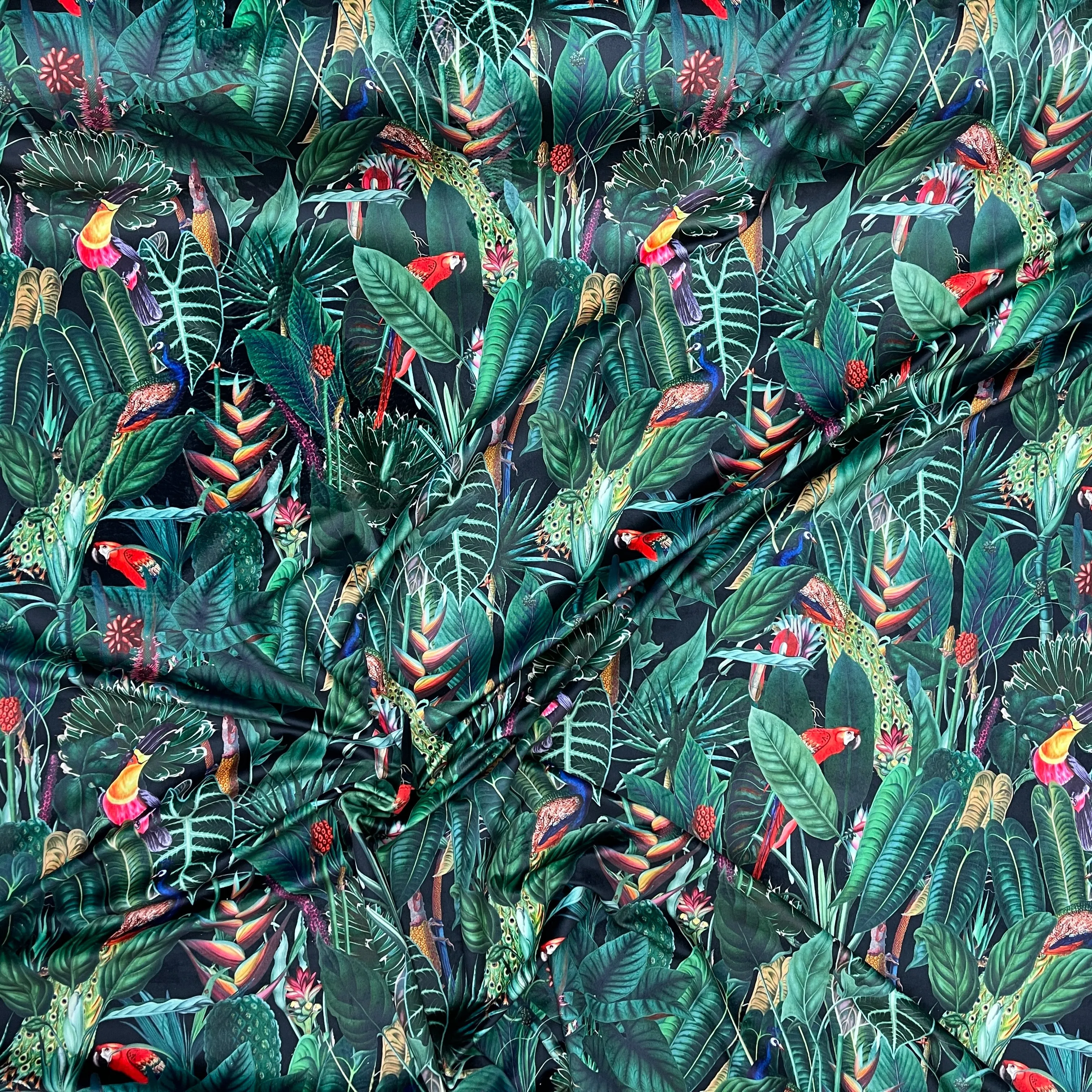 Rainforest Tropical Digital Print Plush Velvet Curtain Fabric, Navy
