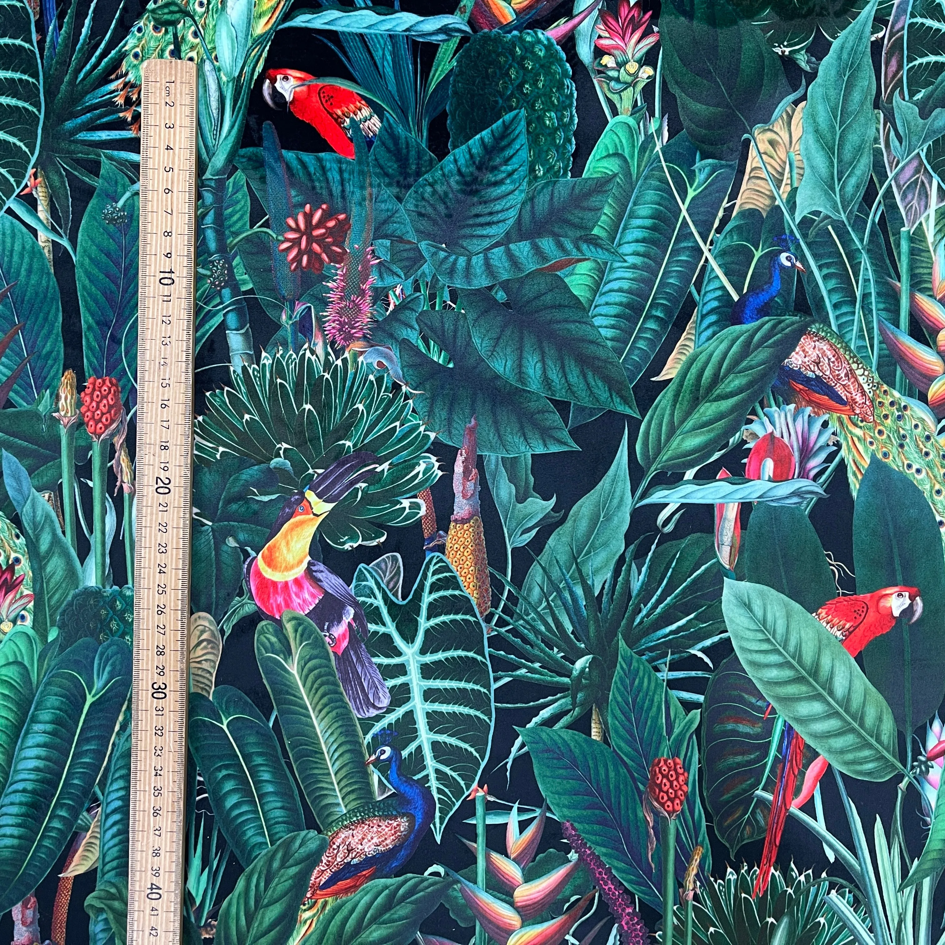 Rainforest Tropical Digital Print Plush Velvet Curtain Fabric, Navy