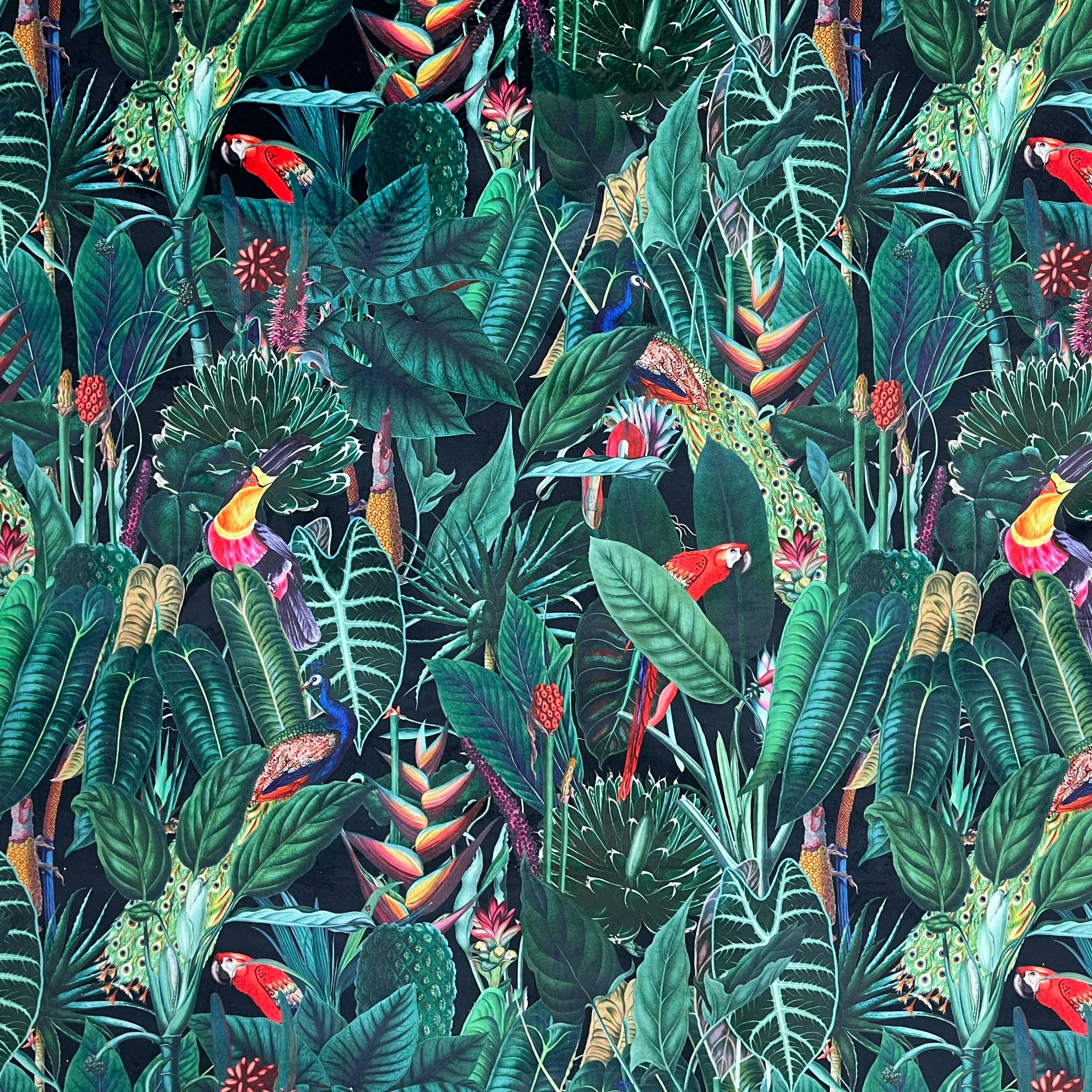 Rainforest Tropical Digital Print Plush Velvet Curtain Fabric, Navy