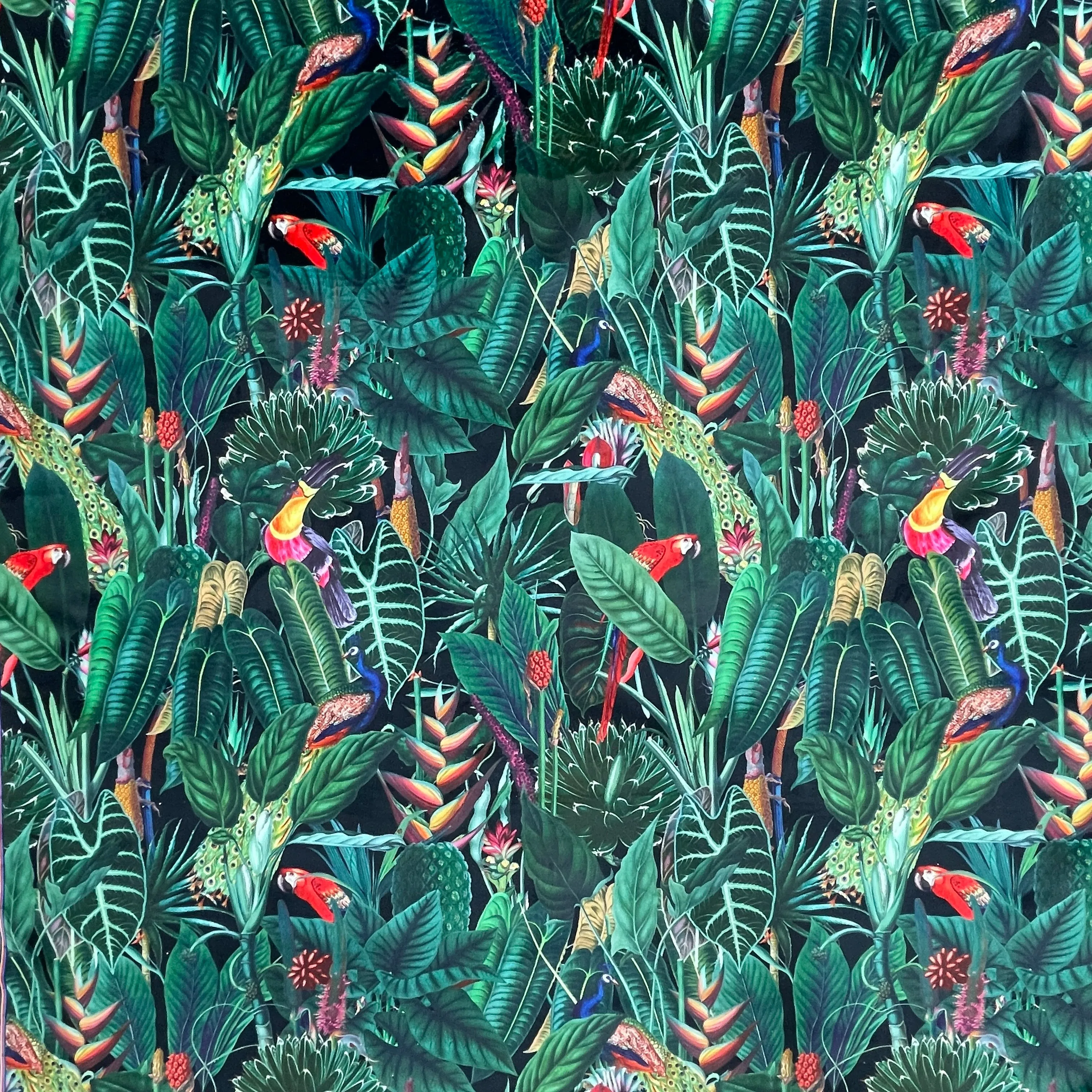 Rainforest Tropical Digital Print Plush Velvet Curtain Fabric, Navy