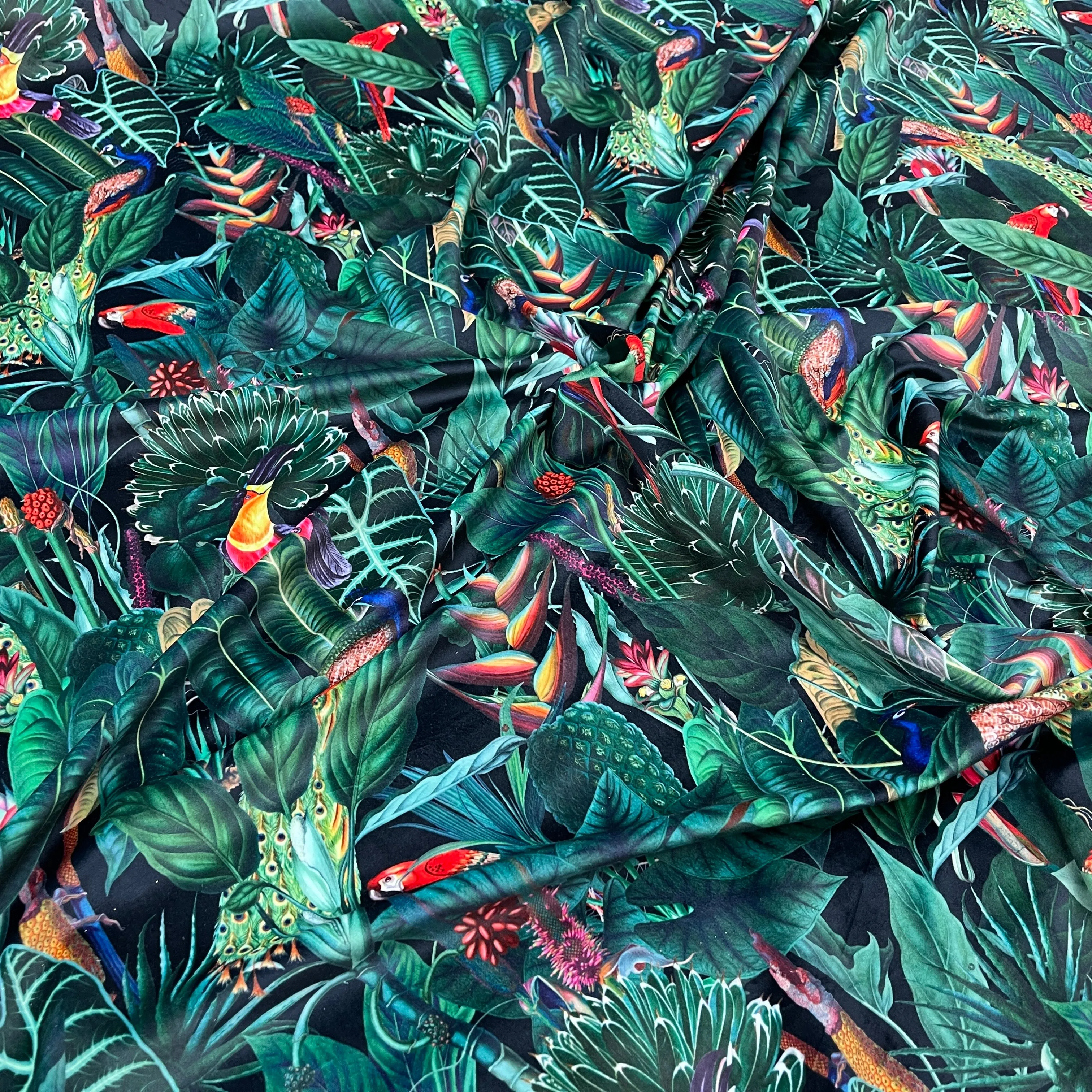 Rainforest Tropical Digital Print Plush Velvet Curtain Fabric, Navy