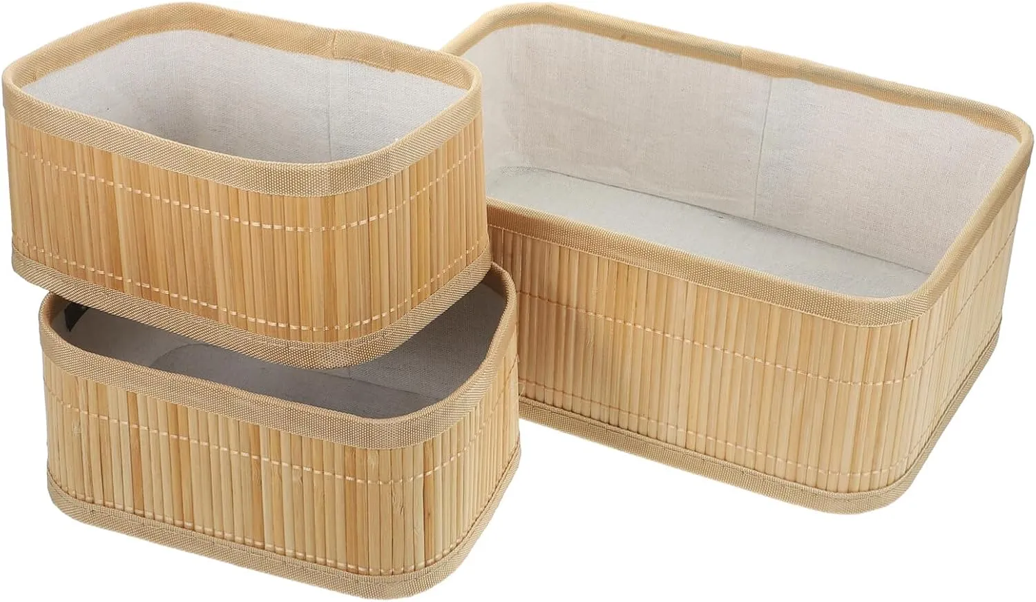 Rattan Storage Baskets Handwoven Storage Baskets 3pcs Rectangular Baskets with Liner Stackable Sundries Organizer Bins for Kitchen Pantry Bedroom Farmhouse Organizer Baskets