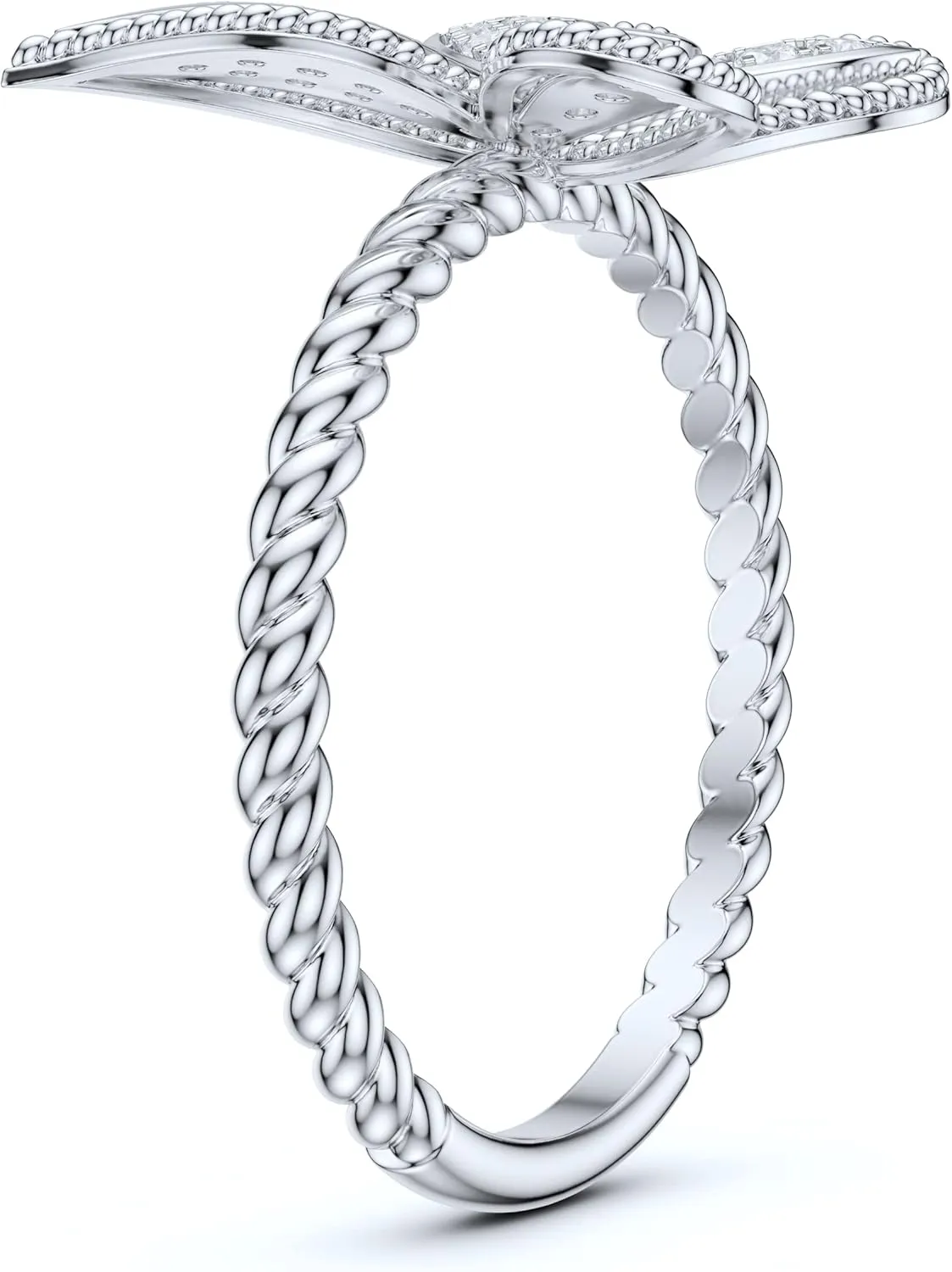 Real 10K White Gold Twisted Rope Shank Round Brilliant Simulated Diamond or Genuine Moissanite Milgrain Butterfly Ring For Women