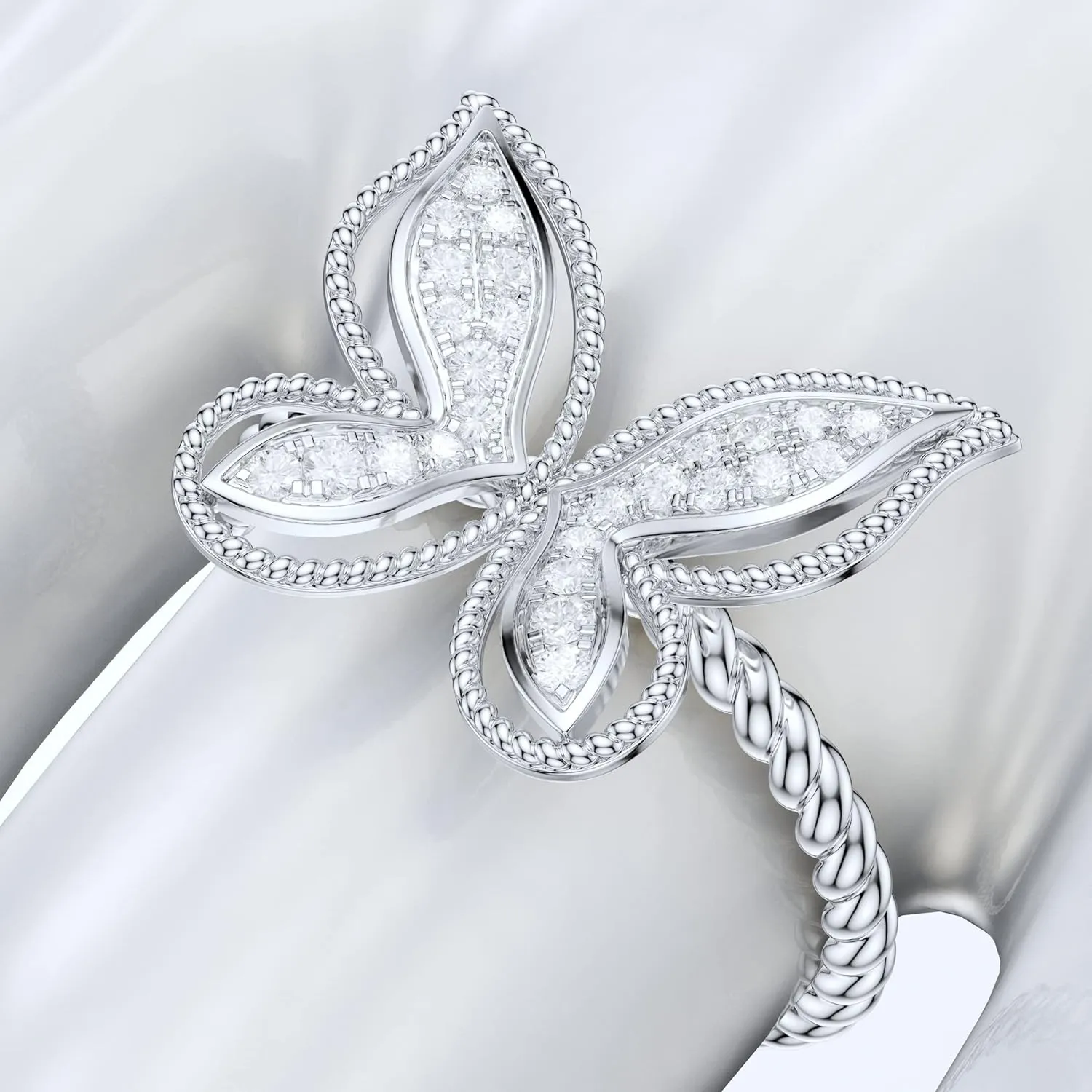 Real 10K White Gold Twisted Rope Shank Round Brilliant Simulated Diamond or Genuine Moissanite Milgrain Butterfly Ring For Women
