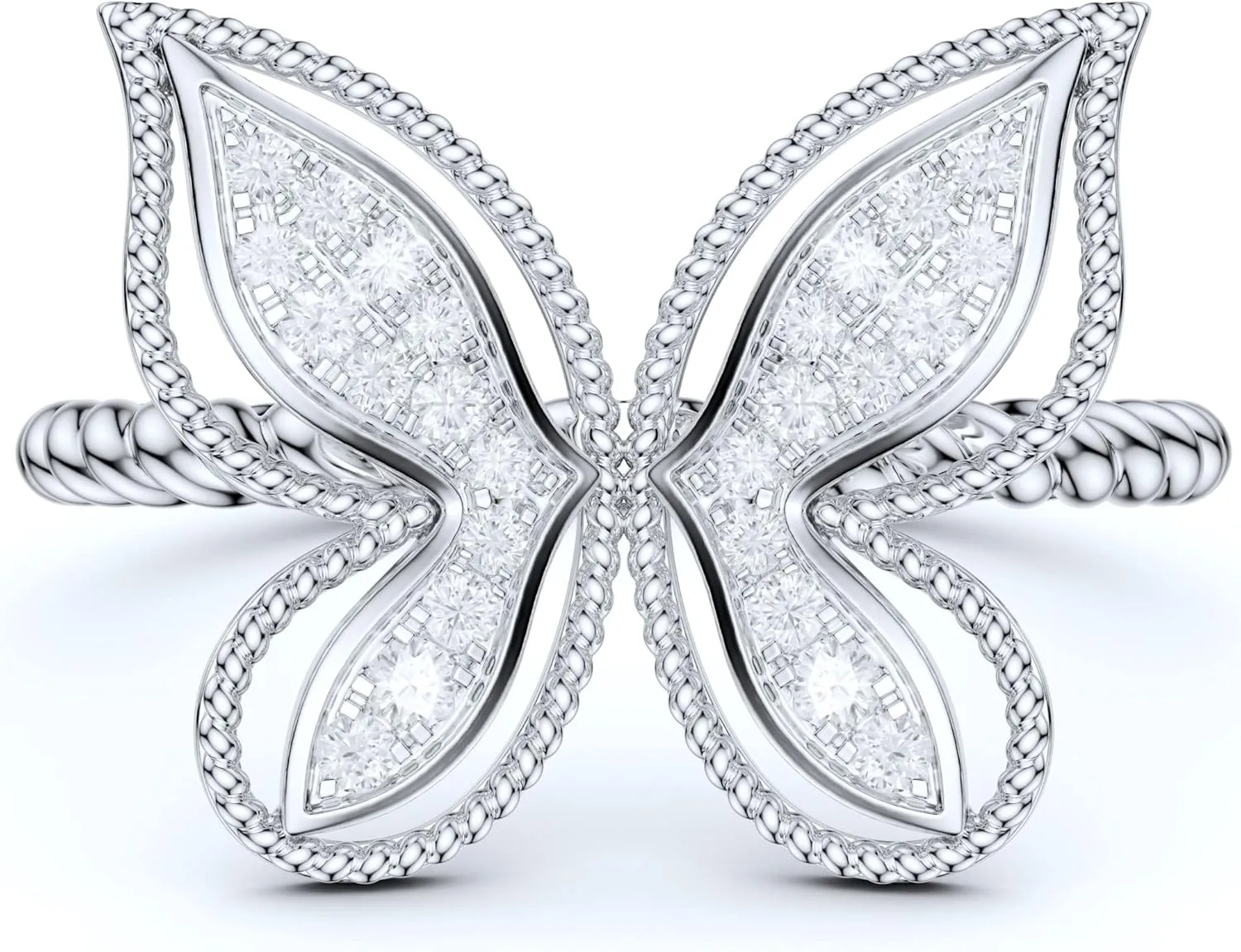 Real 10K White Gold Twisted Rope Shank Round Brilliant Simulated Diamond or Genuine Moissanite Milgrain Butterfly Ring For Women
