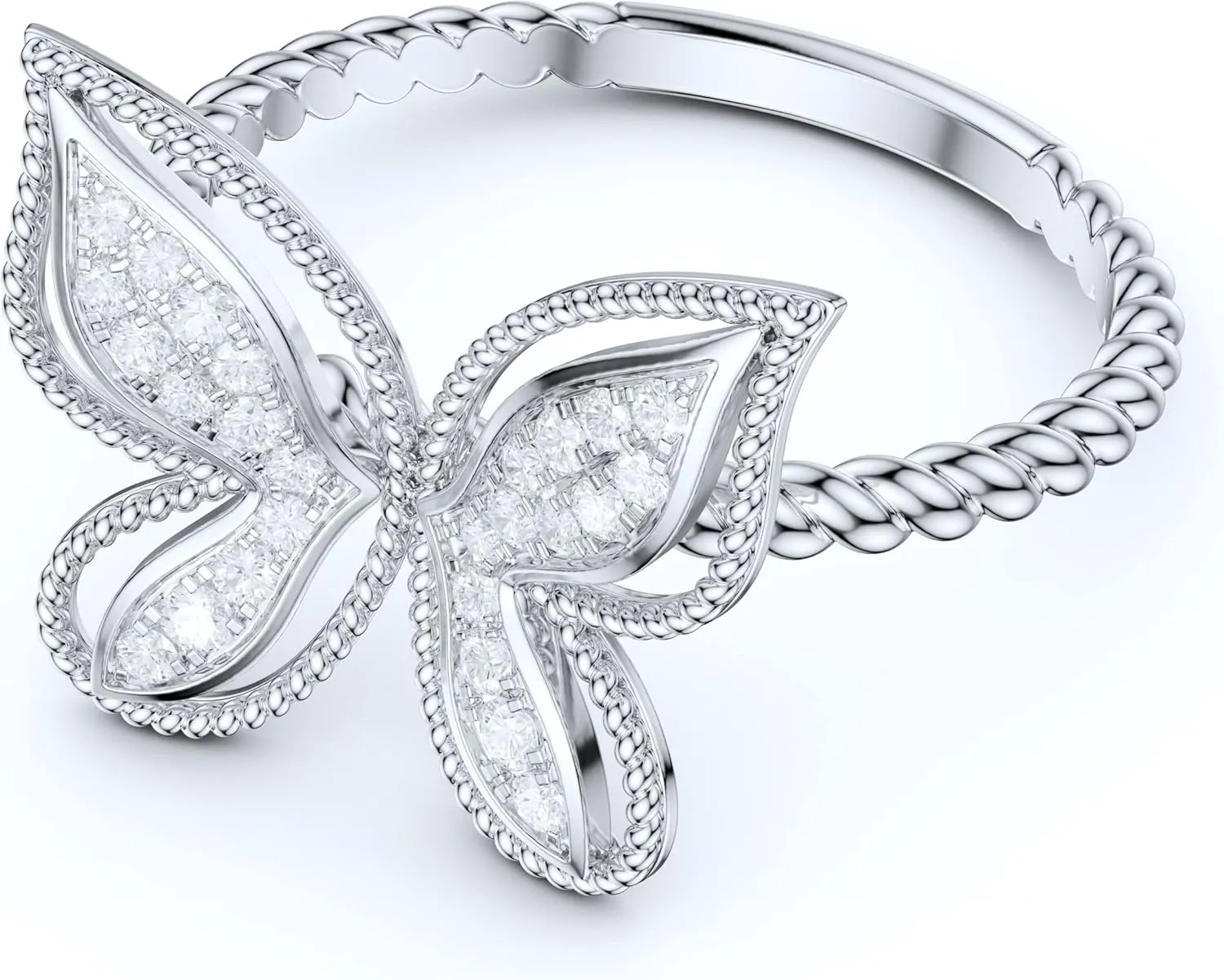 Real 10K White Gold Twisted Rope Shank Round Brilliant Simulated Diamond or Genuine Moissanite Milgrain Butterfly Ring For Women