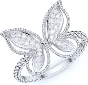 Real 10K White Gold Twisted Rope Shank Round Brilliant Simulated Diamond or Genuine Moissanite Milgrain Butterfly Ring For Women