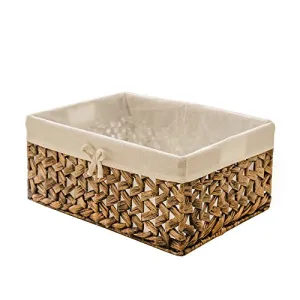 Rectangular Woven Seagrass Storage Bin with Handle,Kingwillow. (water hyacinth, Large)