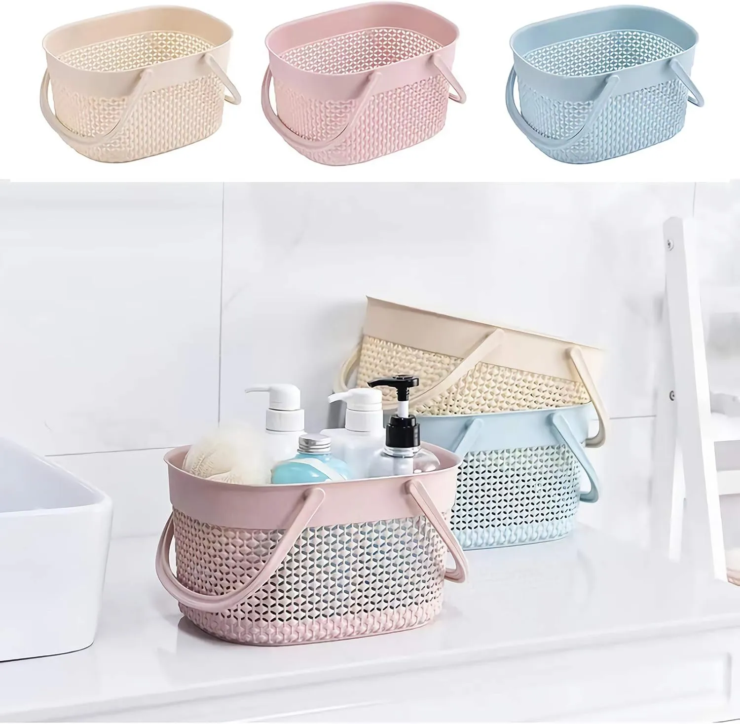 rejomiik 2 Pack Plastic Shower Caddy Basket, Portable Organizer Storage Tote with Handles Toiletry Bag Bin Box for Bathroom, College Dorm Room Essentials, Kitchen, Camp, Gym, Pink