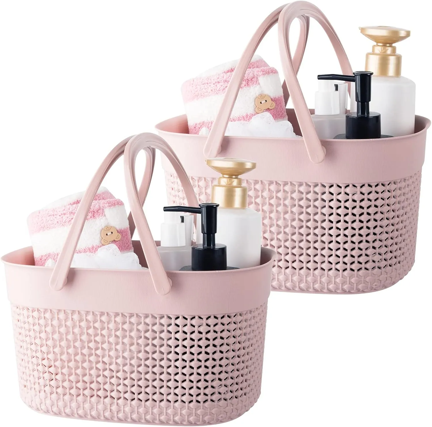 rejomiik 2 Pack Plastic Shower Caddy Basket, Portable Organizer Storage Tote with Handles Toiletry Bag Bin Box for Bathroom, College Dorm Room Essentials, Kitchen, Camp, Gym, Pink