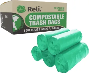 Reli. Compostable 13 Gallon Trash Bags | 150 Count Bulk | ASTM D6400 | Green | Eco-Friendly | For Compost