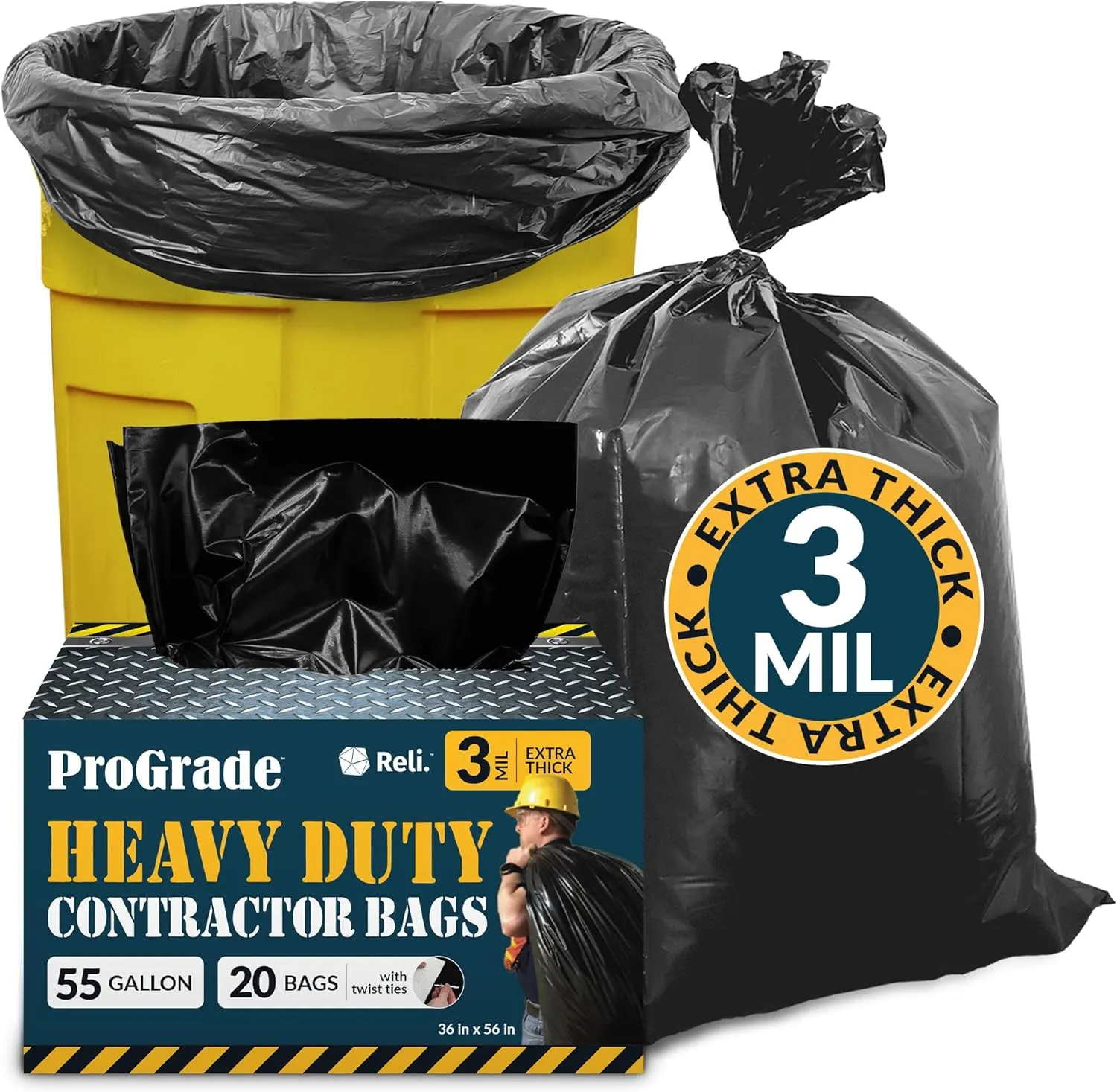 Reli. Contractor Garbage Bags 55 Gallon | 20 Trash Bags | Heavy Duty | Black Contractor