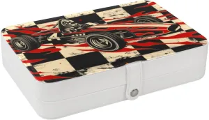 Retro Race Car with Finish Line Flags Pilot and Flames Travel Jewelry Box, Portable Travel Display Case Storage Holder Boxes for Stud Earrings, Rings, Necklaces, Bracelets