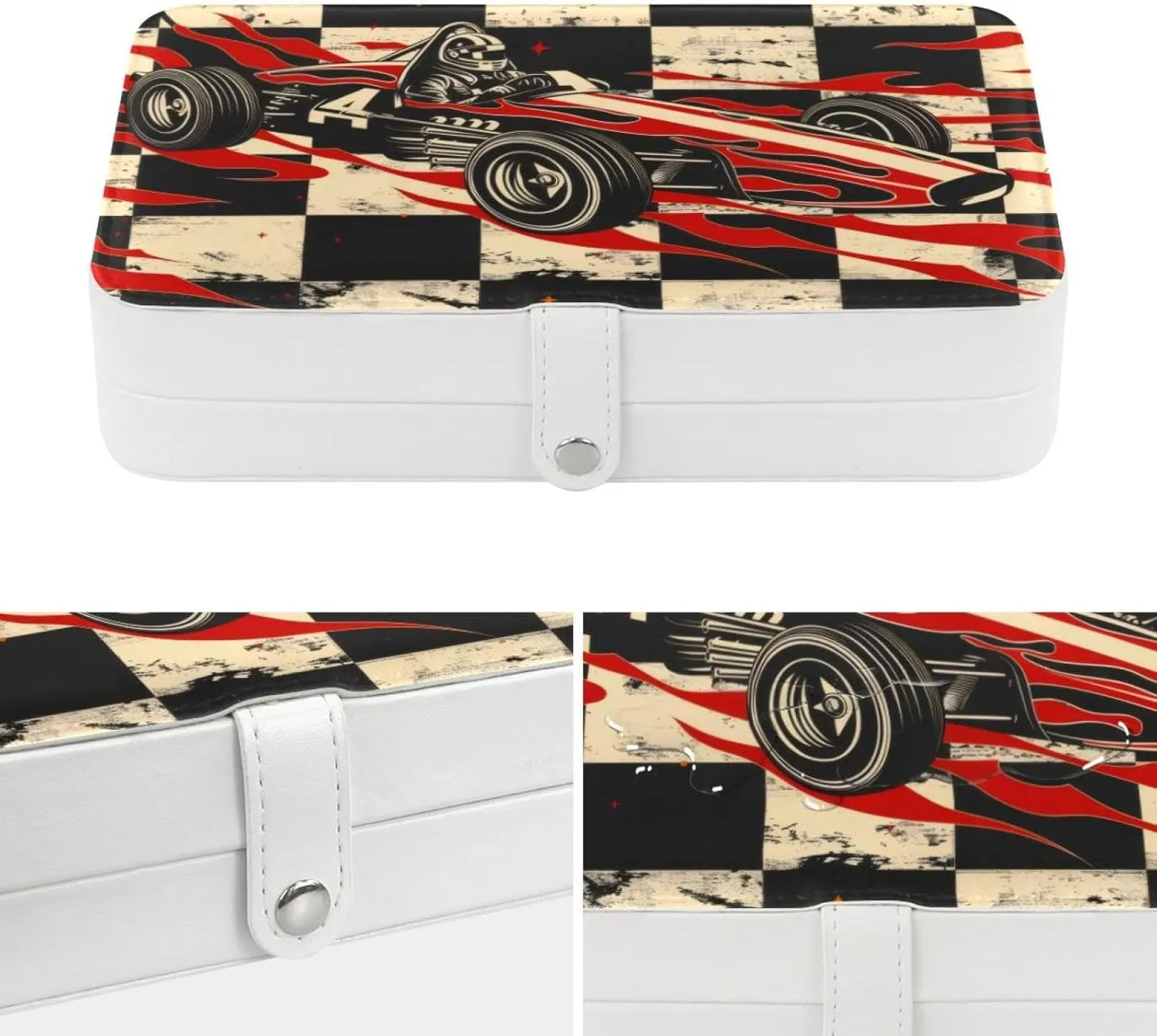 Retro Race Car with Finish Line Flags Pilot and Flames Travel Jewelry Box, Portable Travel Display Case Storage Holder Boxes for Stud Earrings, Rings, Necklaces, Bracelets