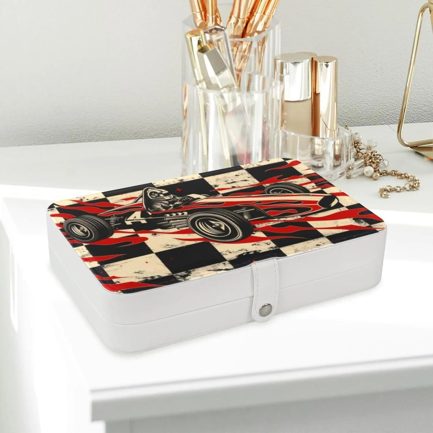 Retro Race Car with Finish Line Flags Pilot and Flames Travel Jewelry Box, Portable Travel Display Case Storage Holder Boxes for Stud Earrings, Rings, Necklaces, Bracelets