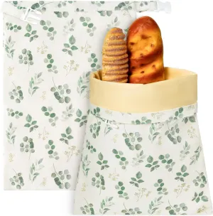 Reusable Beeswax Bread Bags - 2 Pack Bees Wax Food Wraps, Homemade Sourdough Bread Storage, 2-in-1 Linen Cotton Large Freezer Container Home Baking Accessories with Lining (Eucalyptus Leaf)