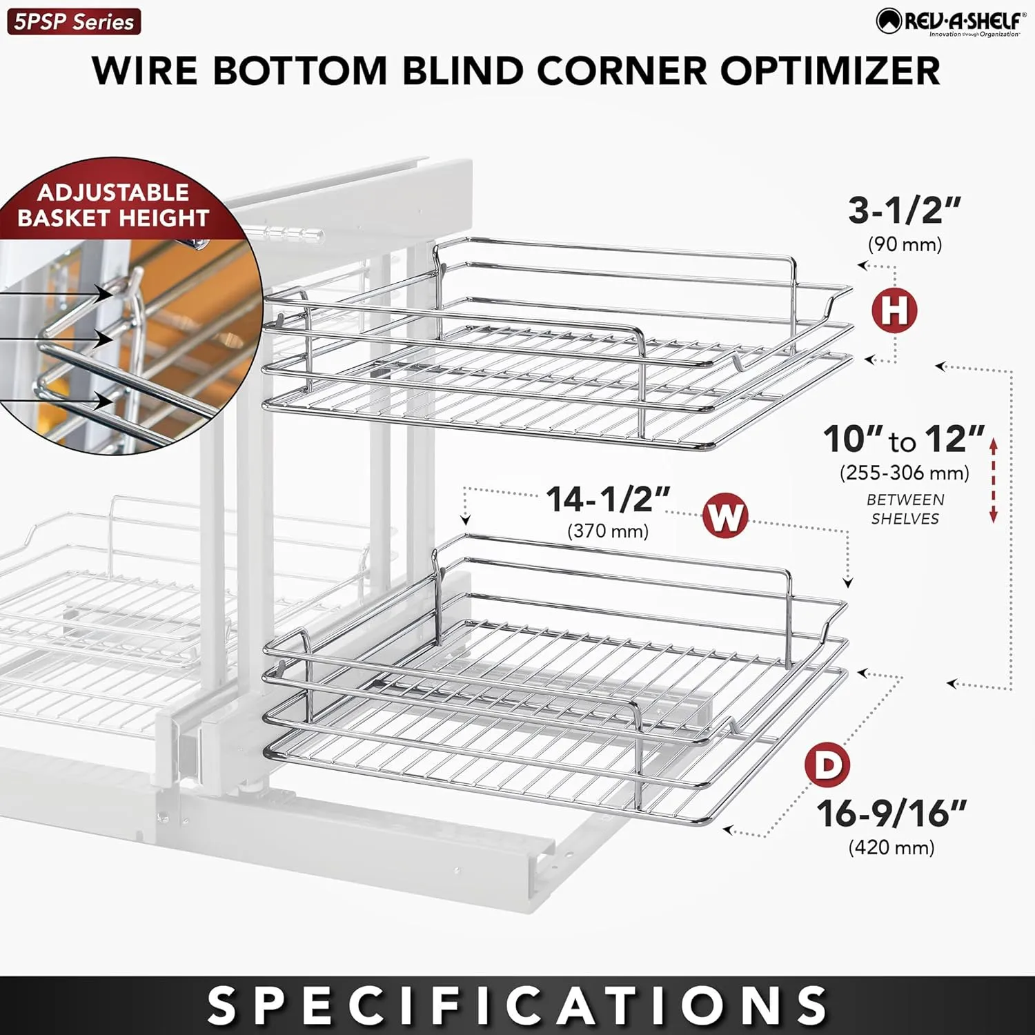 Rev-A-Shelf Dual Tier Pullout Shelf Organizer for Blind Corner Kitchen or Bathroom Cabinets with Soft-Close,18", 4 Shelves, Chrome, 5PSP-18SC-CR