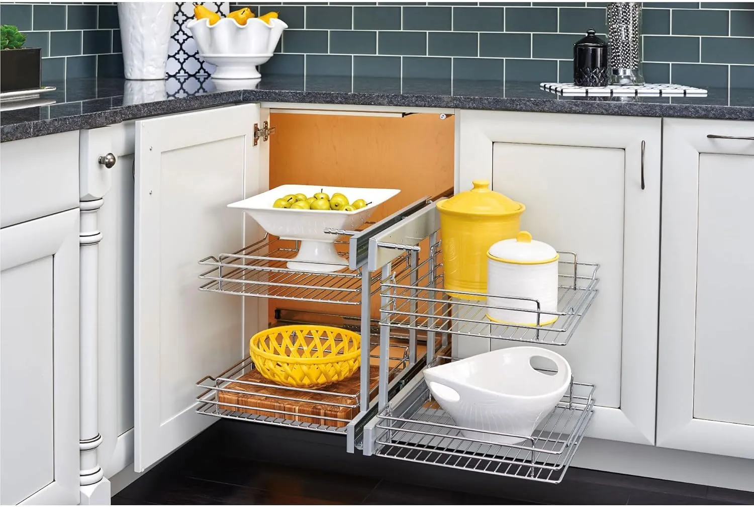 Rev-A-Shelf Dual Tier Pullout Shelf Organizer for Blind Corner Kitchen or Bathroom Cabinets with Soft-Close,18", 4 Shelves, Chrome, 5PSP-18SC-CR