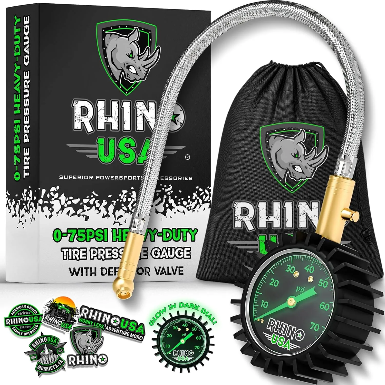 Rhino USA Heavy Duty Tire Pressure Gauge (0-75 PSI) - Certified ANSI B40.1 Accurate, Large 2" Easy Read Glow Dial, Premium Braided Hose, Solid Brass Hardware, Best for Any Car, Truck, Motorcycle, RV