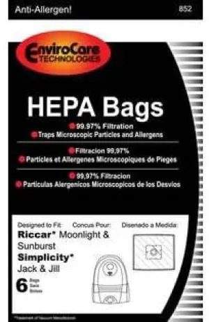 Riccar Moonlight & Sunburst/Simplicity Jack & Jill HEPA Vacuum Bags (6-pack) by Envirocare part # 852