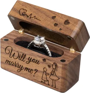 Ring Bearer Box for Wedding Ceremony Engraved Wooden Holder for Little Slim Ring,Pocket Size Secret Ring Case for Proposal Engagement Ideas(Will you marry me)