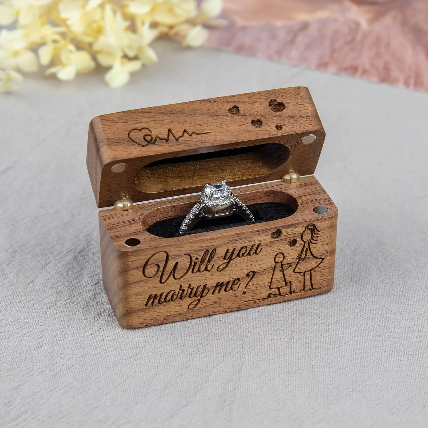 Ring Bearer Box for Wedding Ceremony Engraved Wooden Holder for Little Slim Ring,Pocket Size Secret Ring Case for Proposal Engagement Ideas(Will you marry me)
