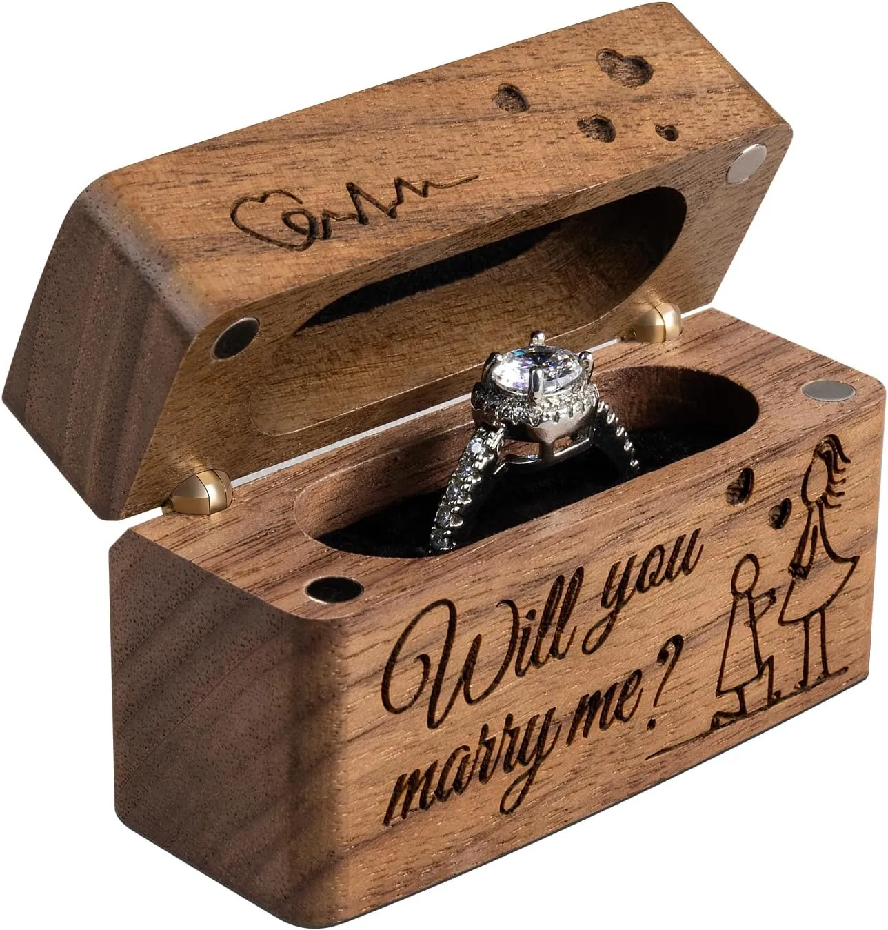 Ring Bearer Box for Wedding Ceremony Engraved Wooden Holder for Little Slim Ring,Pocket Size Secret Ring Case for Proposal Engagement Ideas(Will you marry me)