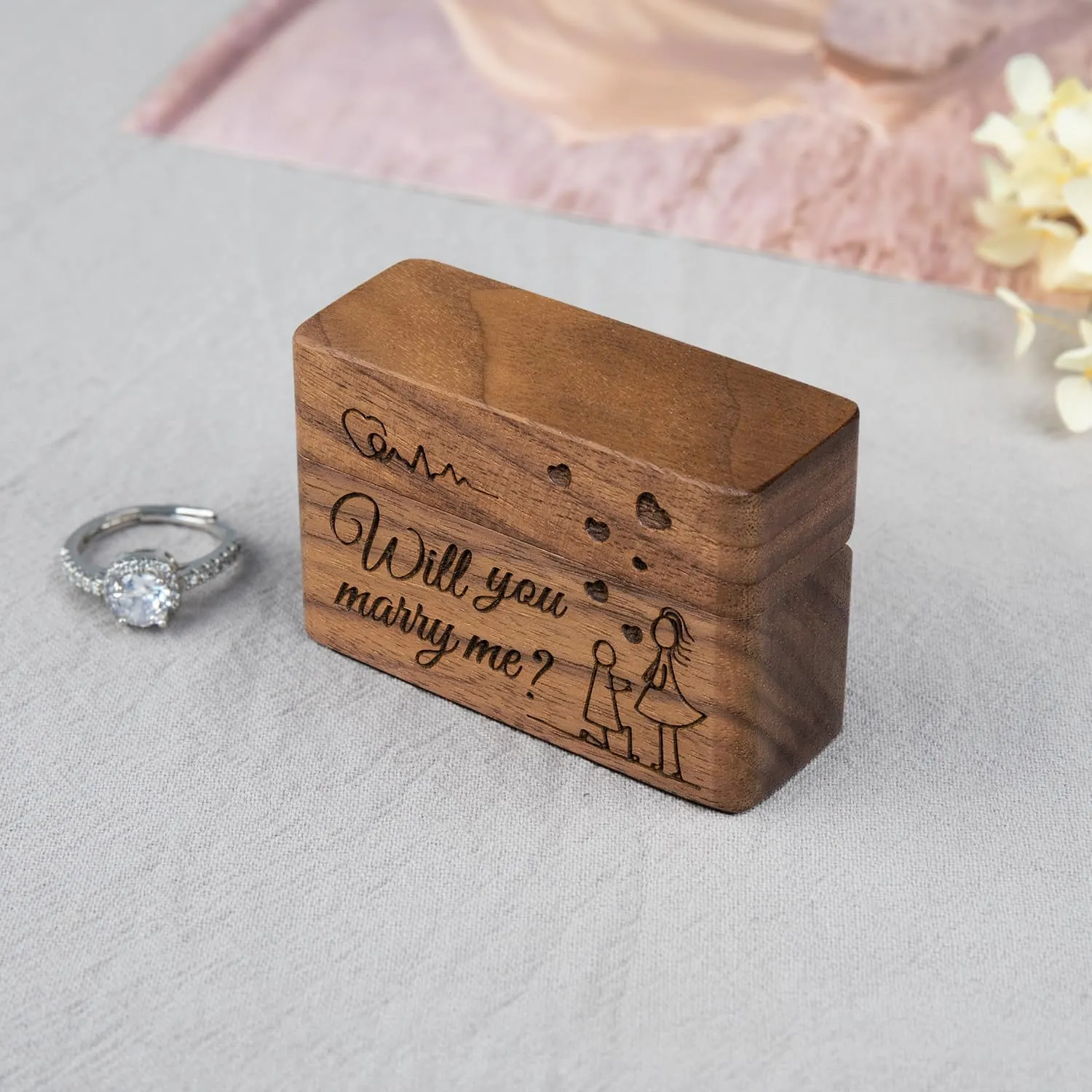 Ring Bearer Box for Wedding Ceremony Engraved Wooden Holder for Little Slim Ring,Pocket Size Secret Ring Case for Proposal Engagement Ideas(Will you marry me)