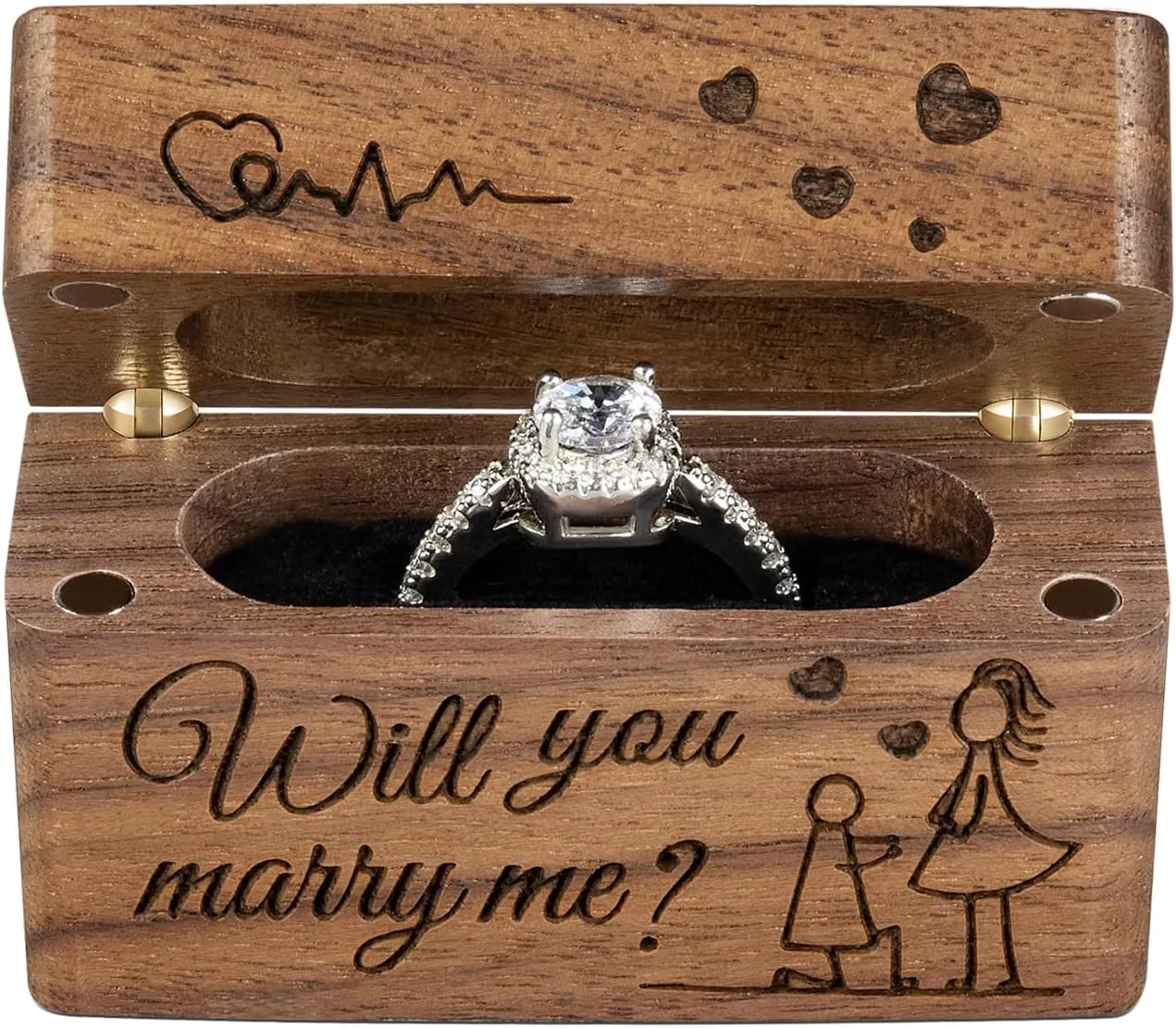 Ring Bearer Box for Wedding Ceremony Engraved Wooden Holder for Little Slim Ring,Pocket Size Secret Ring Case for Proposal Engagement Ideas(Will you marry me)