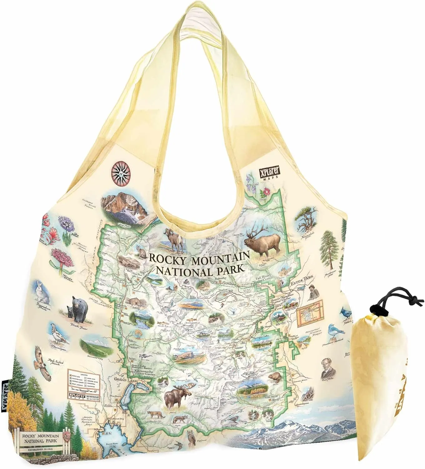 Rocky Mountain National Park Map Pouch Tote with Handles – Reusable, Eco-Friendly Grocery Shopping Bag – Foldable, Heavy-Duty Nylon, 18" x 25"
