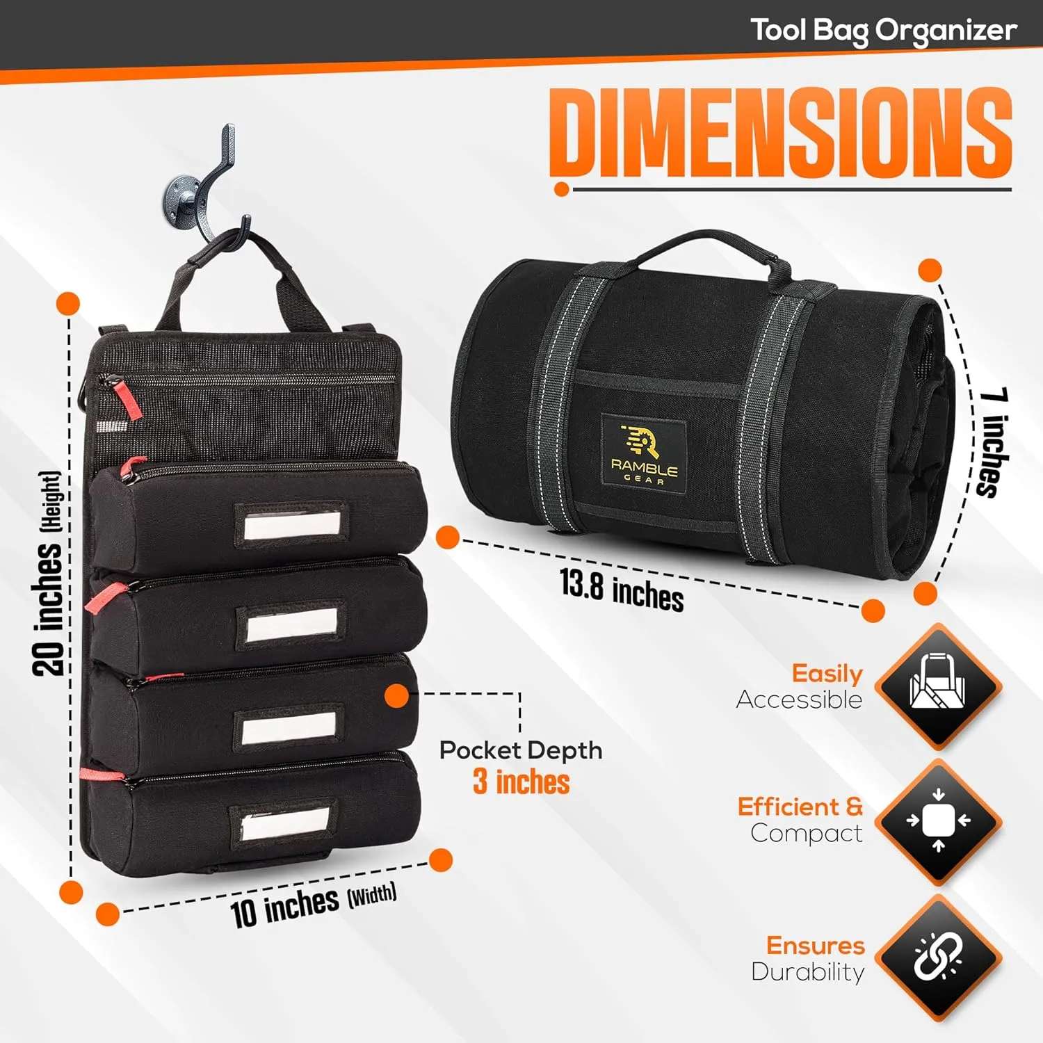 Roll up tool bag organizer with Carabiners - 4 Large Oversized Pockets with Labels-Tool roll bag organizer - Canvas foldable tool Bag organizer | Tool organizer bag for Mechanic, Electrician & more