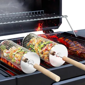 Rolling Grill Basket(2PCS), Removable Wooden Handle, 304 Stainless Steel, Nesting Grilling Net, BBQ Accessories Tool for Vegetable Shrimp, Outdoor Cooking Camping, Birthday Gifts for Men Dad Husband